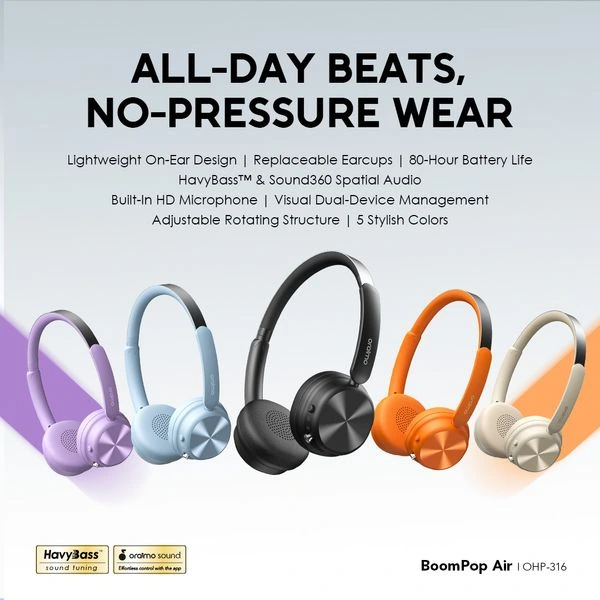 Oraimo BoomPop Air Lightweight On-Ear Wireless Headphones official product image 2