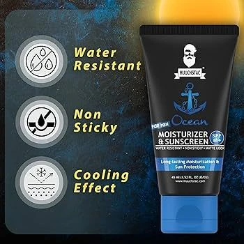 Muuchstac Mens Ocean Moisturizer & Sunscreen Matte Look Spf 18+ Cream 45ml With Turmeric & Aloe Vera Beads, Non-Sticky & Water Resistant