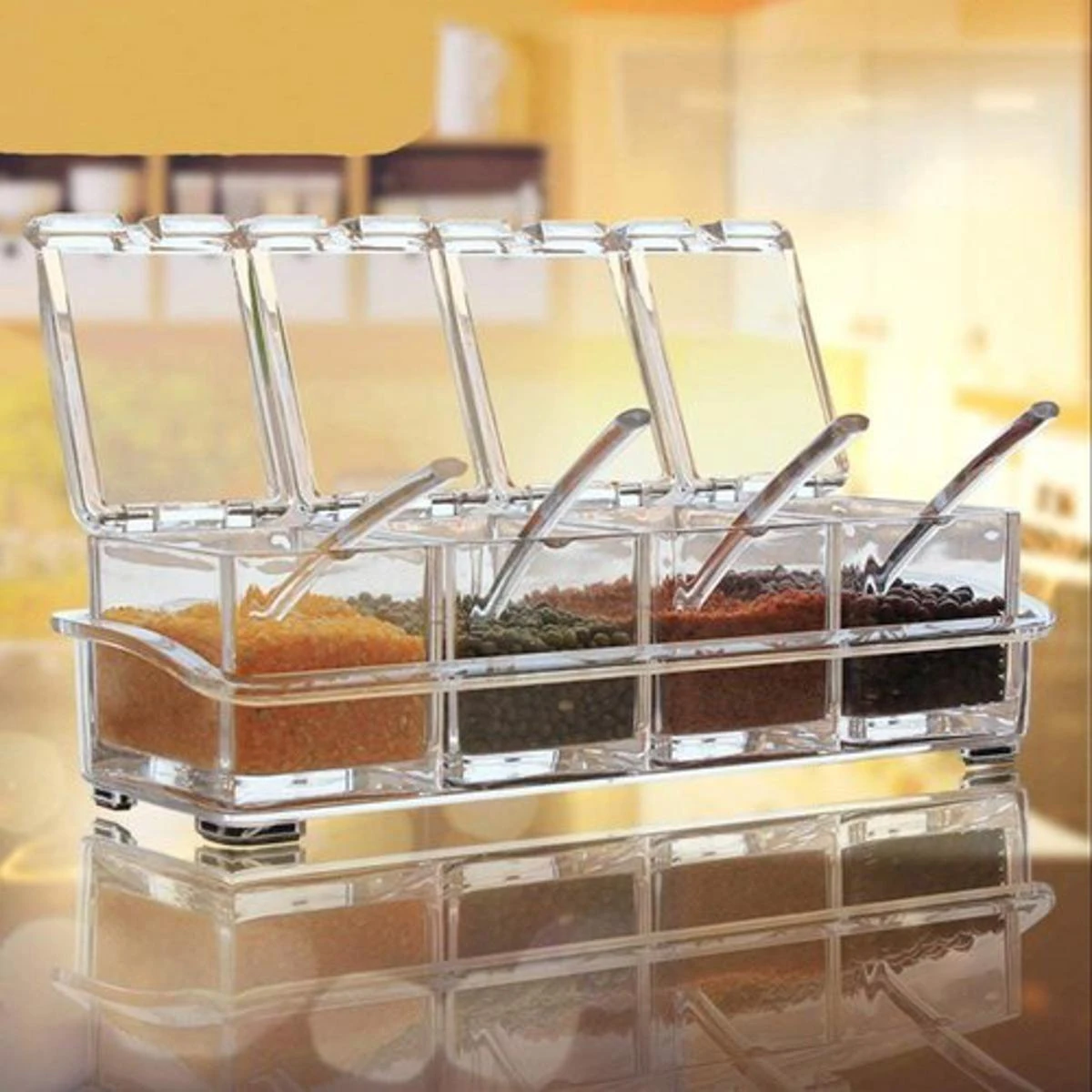 4 Grid Acrylic Seasoning Spice Box Kit with Spoon Kitchen Masala Container Seasoning Organizers Crystal Spice Box, For Kitchen
