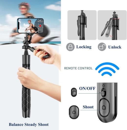 {K-28}Long Video Stand Cum Selfie Stick Tripod with Remote - 360° Rotation Phone Stand with Wireless Remote Control, without light