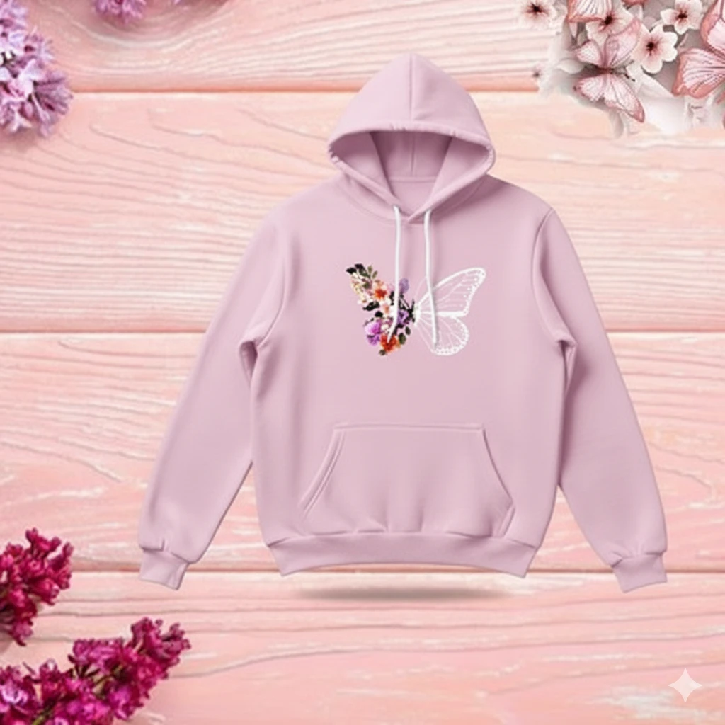 Premium Comfortable Stylish (Butterflies & Flowers-Pink) Ladies winter hoodie