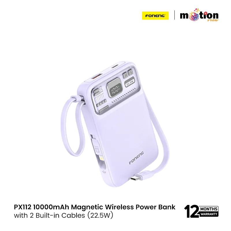 FONENG PX112 10000mAh Mini 22.5W Magnetic Wireless Power Bank with 2 Built-in Cables