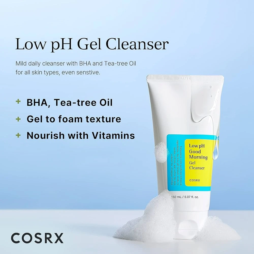 COSRX Low pH Good Morning Gel Cleanser 150ml Daily Mild Face Cleanser for Sensitive Skin with BHA & Tea-Tree Oil, PH Balancing | Korea