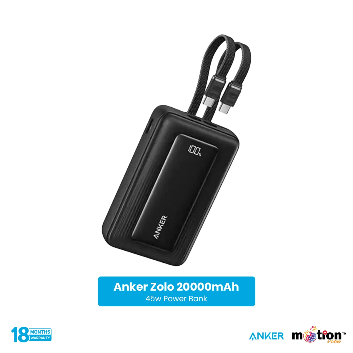 Anker Zolo 20K (20000mAh) 45W Power Bank with Built-in 2 USB-C Cables