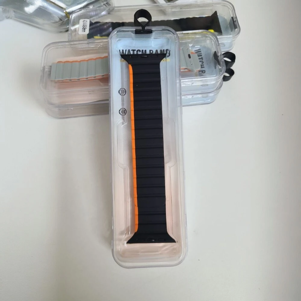 Stop Line Magnet Strap For Smart Watch- 42/44/45/49mm- Black+Orange Color
