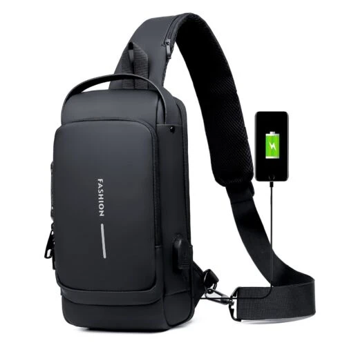 USB charging sport sling Anti-theft shoulder bag (Black)