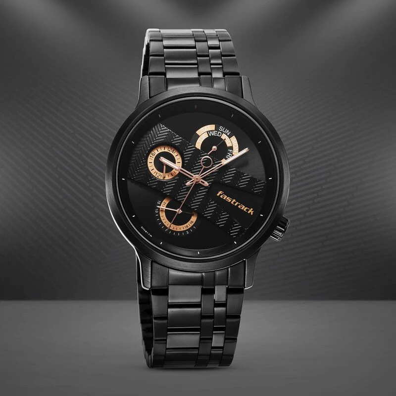 Fastrack NS3301NM01 Exuberant Quartz Multifunction Black Dial Stainless Steel Strap Watch