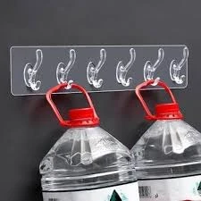 Transparent double 6 hook adhesive hanger for kitchen and bathroom