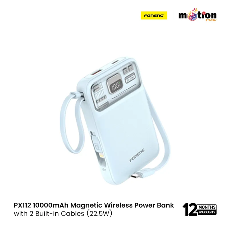 FONENG PX112 10000mAh Mini 22.5W Magnetic Wireless Power Bank with 2 Built-in Cables