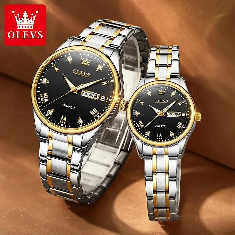 Olevs 5563 Couple Watch tow tone chain (black dial)