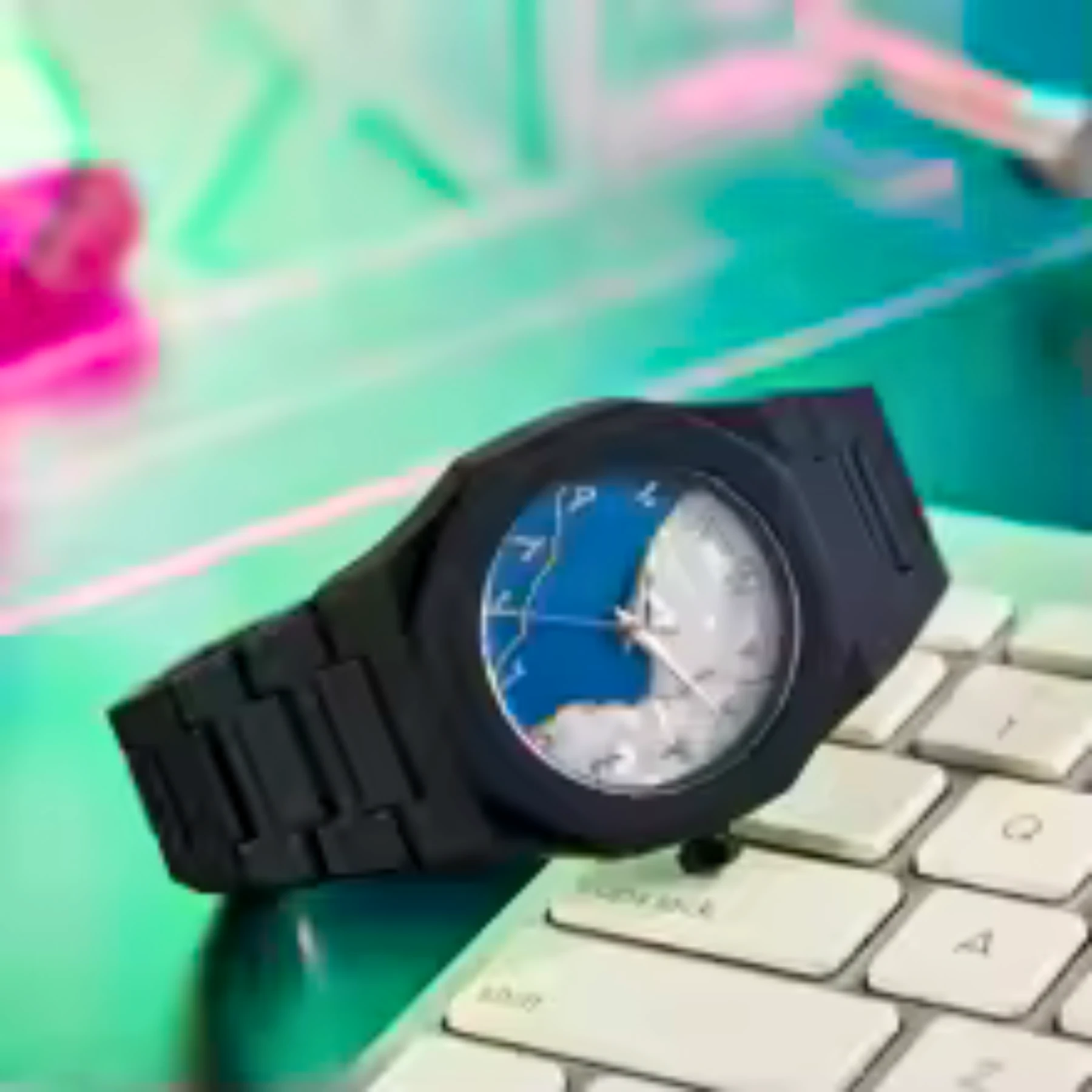 Aura watch 2025 New Arabic Aura Watch Silver Dial @ navy bule Modern Creative Design (Blue )