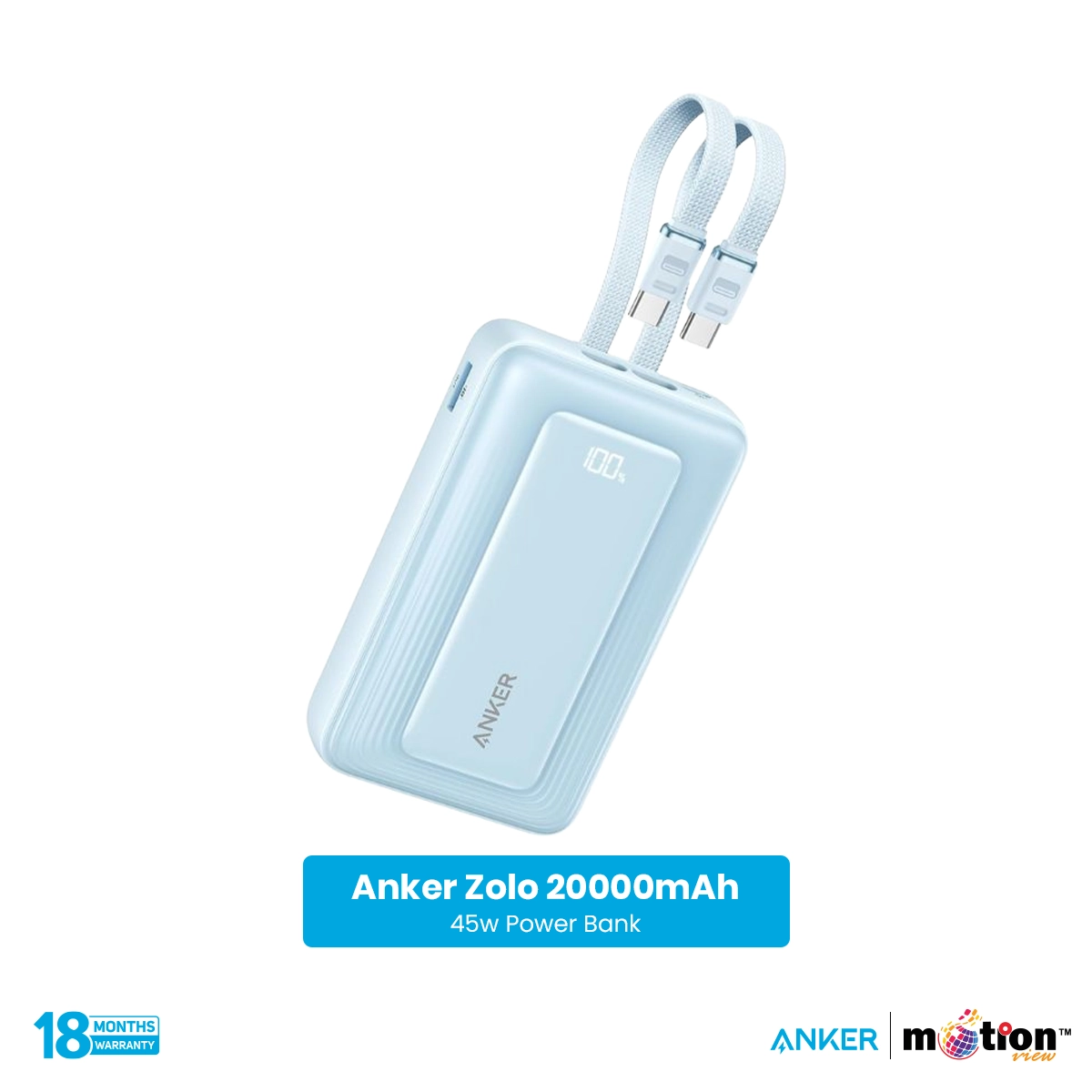 Anker Zolo 20K (20000mAh) 45W Power Bank with Built-in 2 USB-C Cables