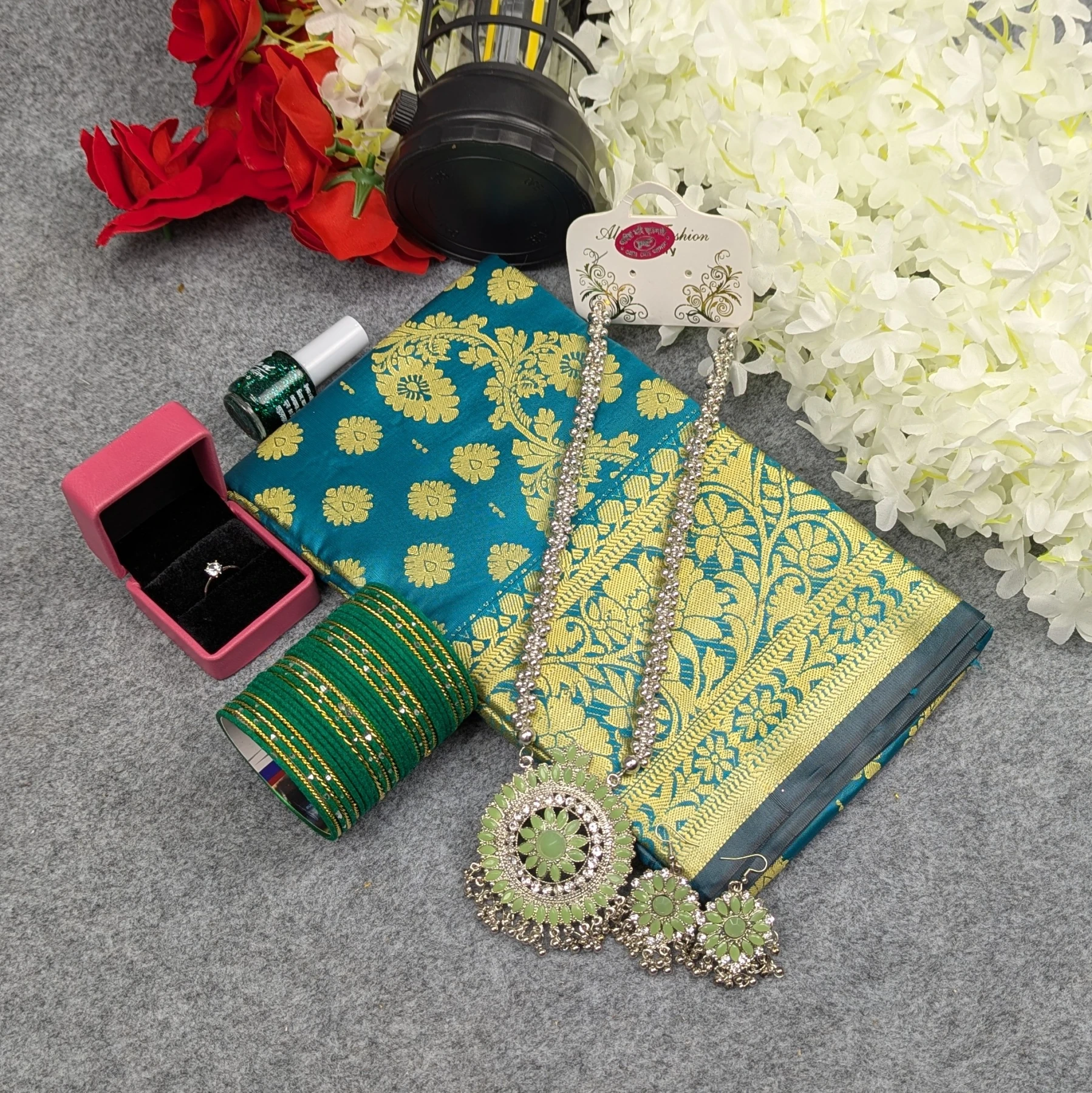 Premium Silk Katan Saree Combo Set - Ocean Green