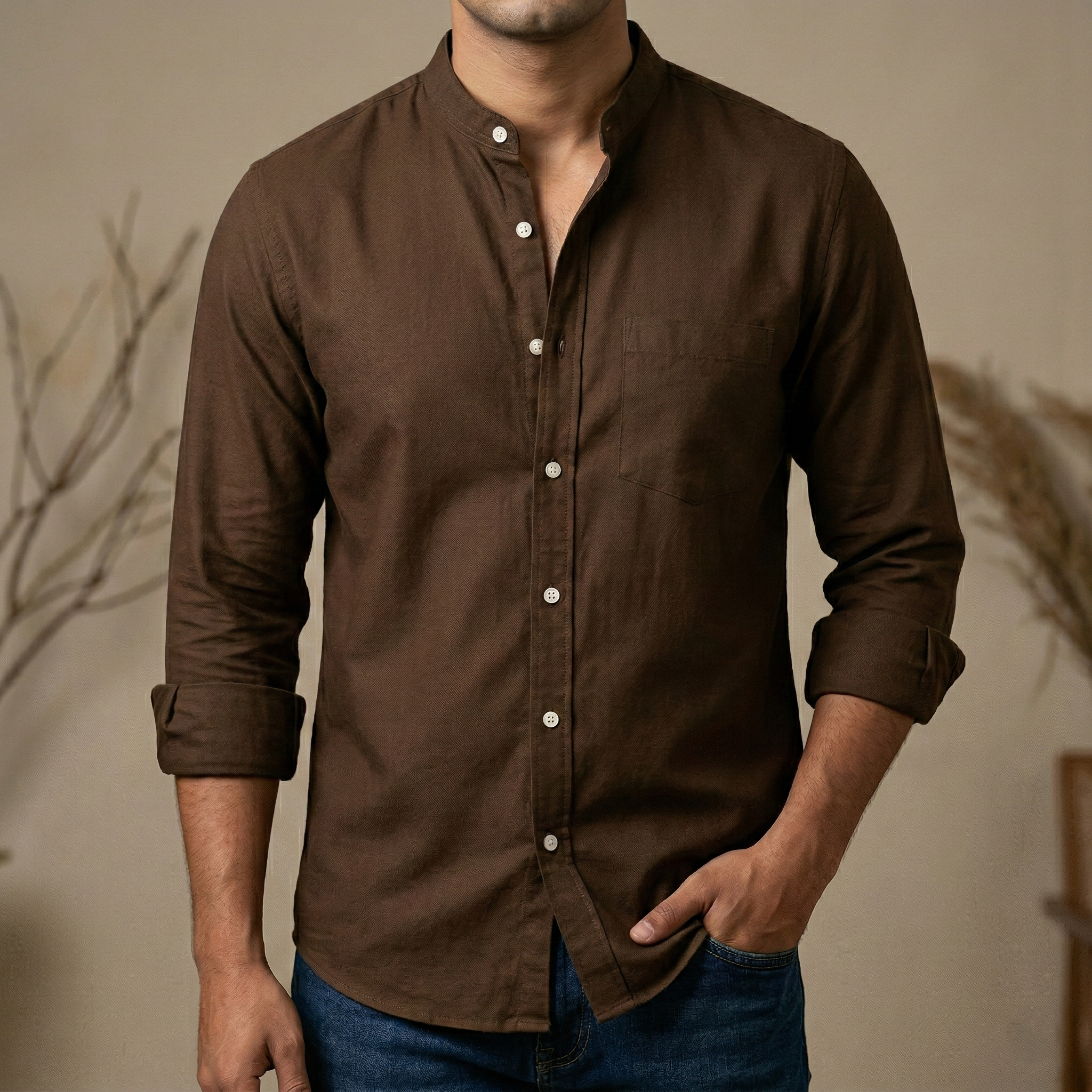 Men's Solid Colour Ban color Shirt ( deep Sepia )