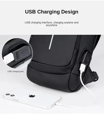 USB charging sport sling Anti-theft shoulder bag (Black)