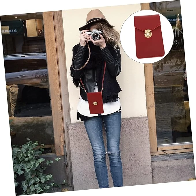 Women's PU Leather Phone Holder With Neck Strap Wallets Touch Screen Bags(Red)