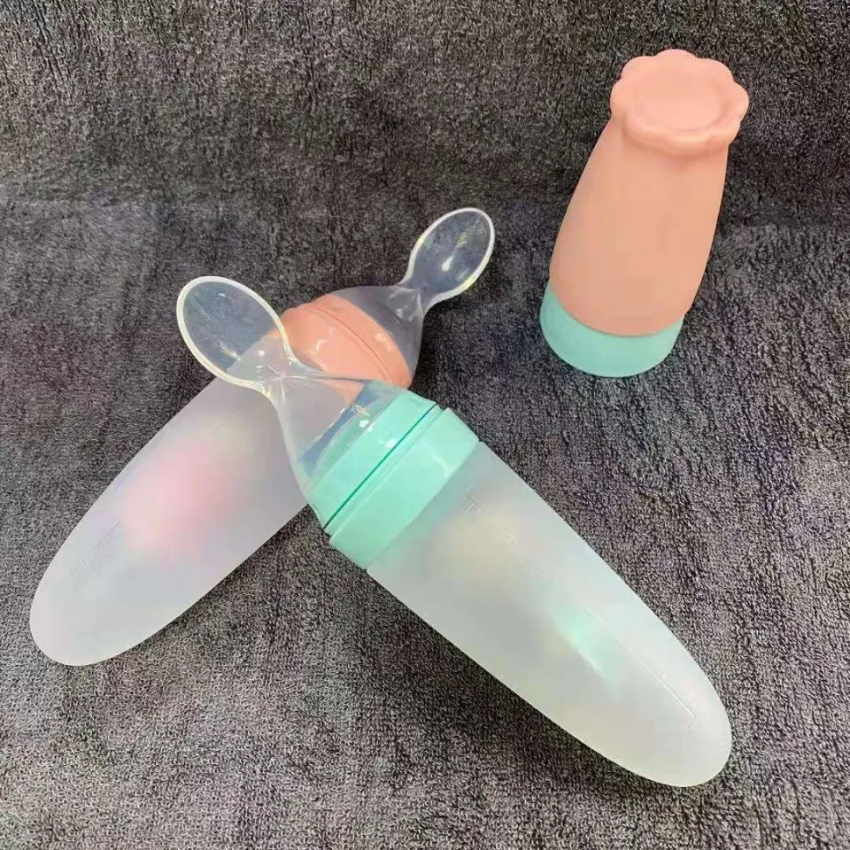 1pcs 110ml Soft Silicone Squeezing Feeding Bottle Cute Newborn Baby Training Rice Paste Spoon Infant Cereal Food Supplement Feeder for Toddler Infant Food Dispensing and Feeding