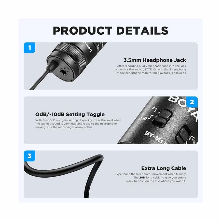 BOYA BY-M1 Pro II Universal Lavalier Microphone- No Need Batteries