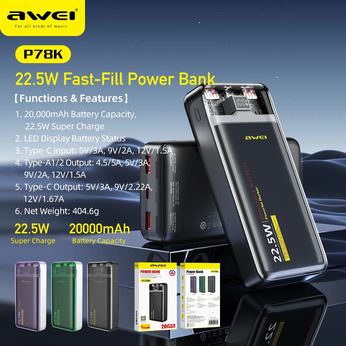 Awei P78K 20000mAh PD22.5w portable Fast charging Power bank