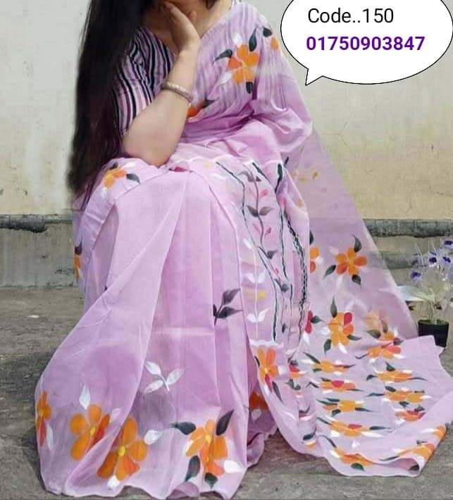 হাফসিল্ক শাড়ীতে হ্যান্ডপ্রিন্ট তুলির কাজ করা