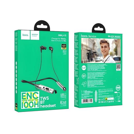 Hoco MMJ11 ENC Bluetooth Neckband Earphone – 100 Hours Playback, Hi-Fi Sound, Fast Charging, Noise Reduction Wireless Earphone for Calls & Music