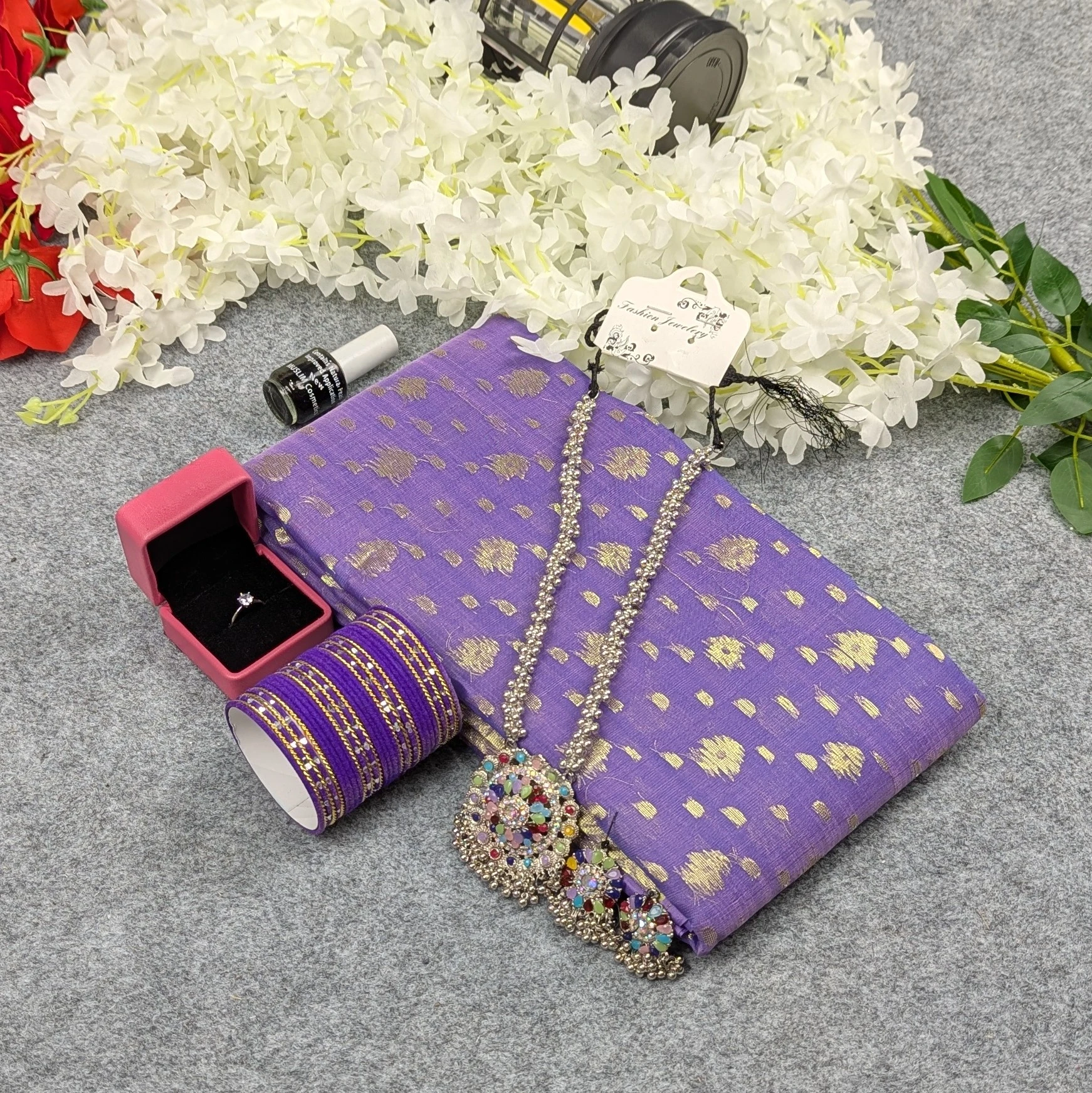 Premium Half Silk Jamdani Saree Combo Set - Lavender
