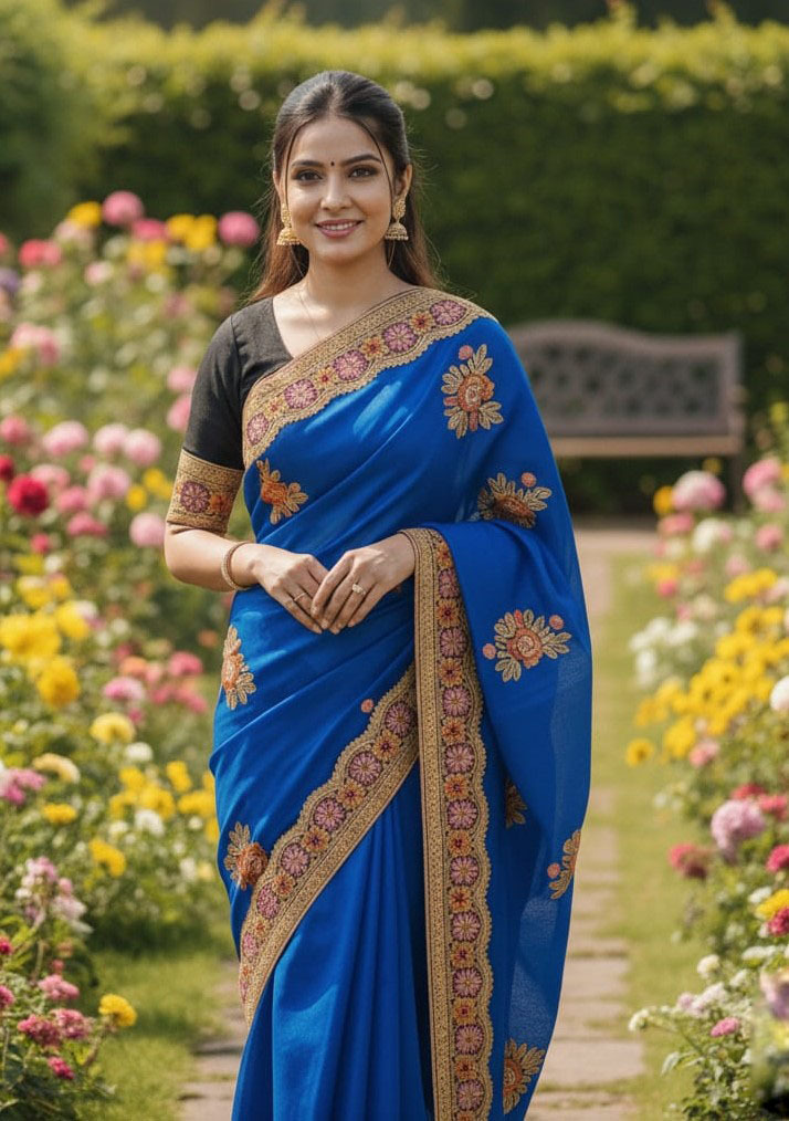 Premium Embroidery Semi Moslin Sharee