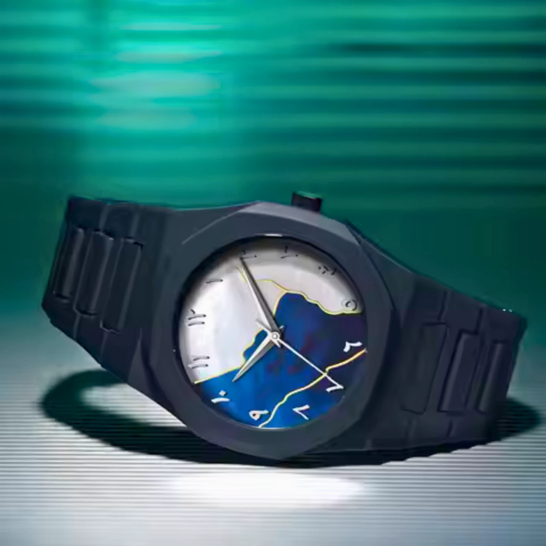 Aura watch 2025 New Arabic Aura Watch Silver Dial @ navy bule Modern Creative Design (Blue )