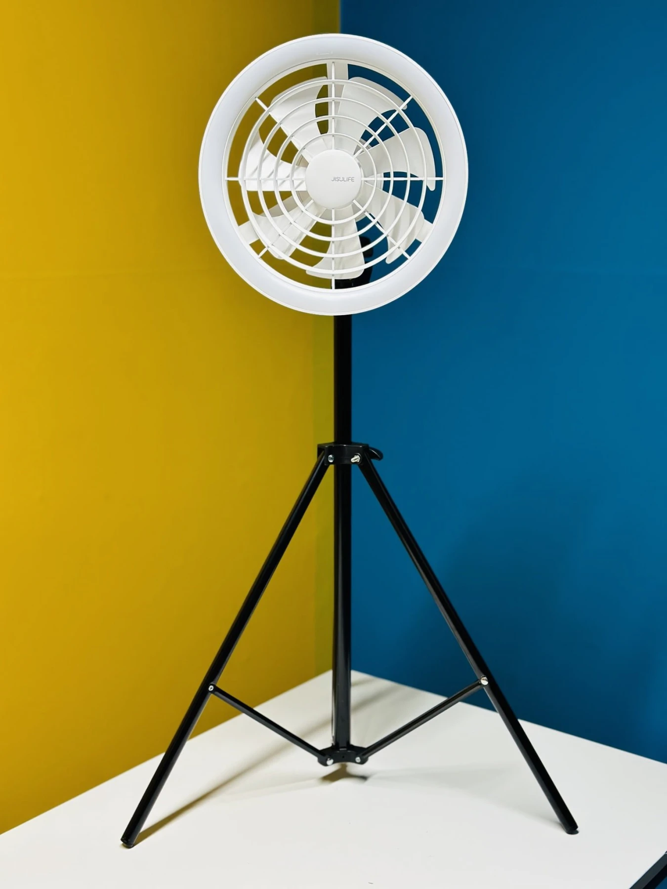 JISULIFE FA17 Rechargeable Fan with LED Ceiling Fan with Long Tripod Stand- White Color