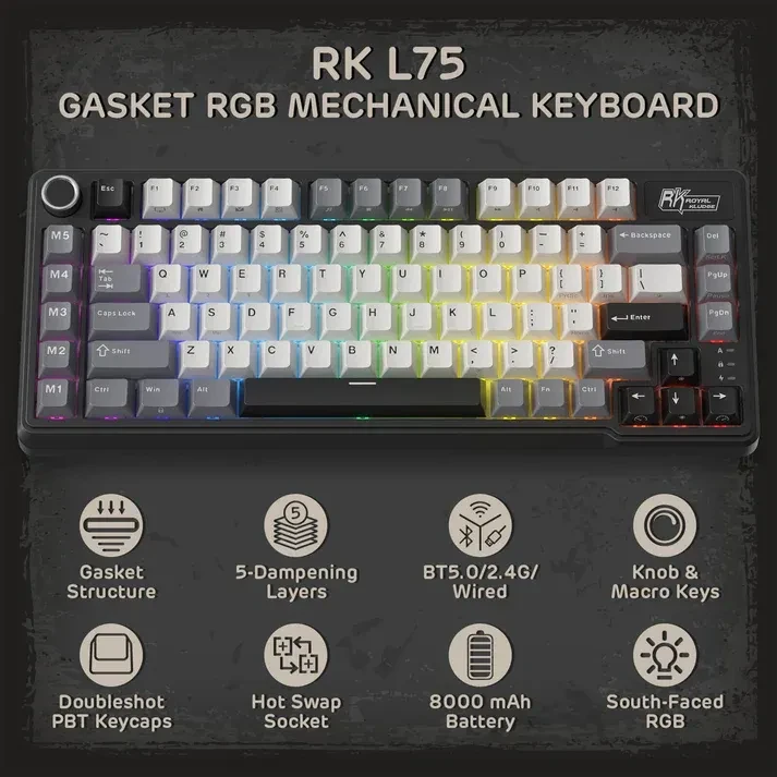 ROYAL KLUDGE RK L75 Tri-Mode Hot-Swappable Wireless Mechanical Gaming Keyboard – Knight Black