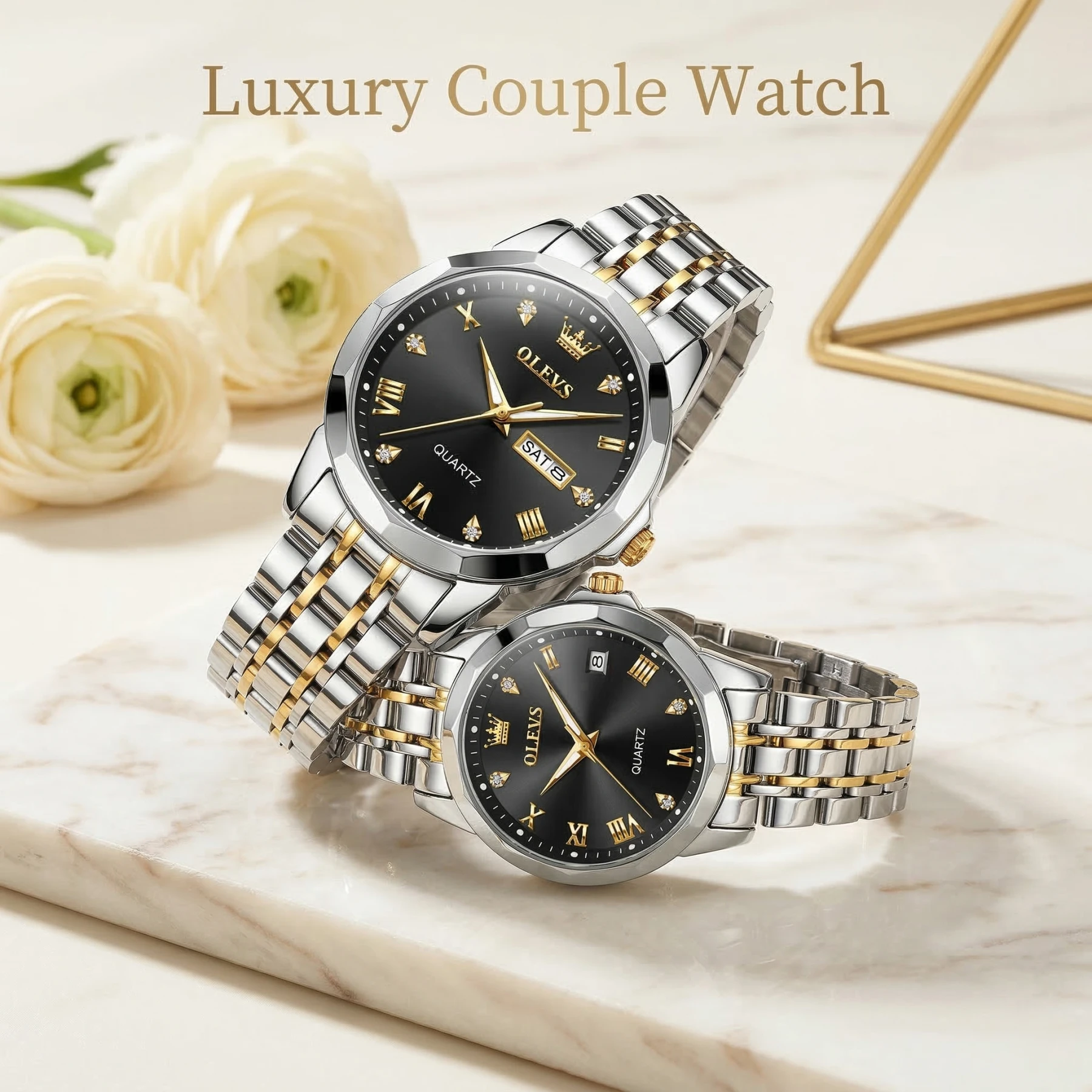 Olevs Stainless Steel fashionable Couple watches Silver black