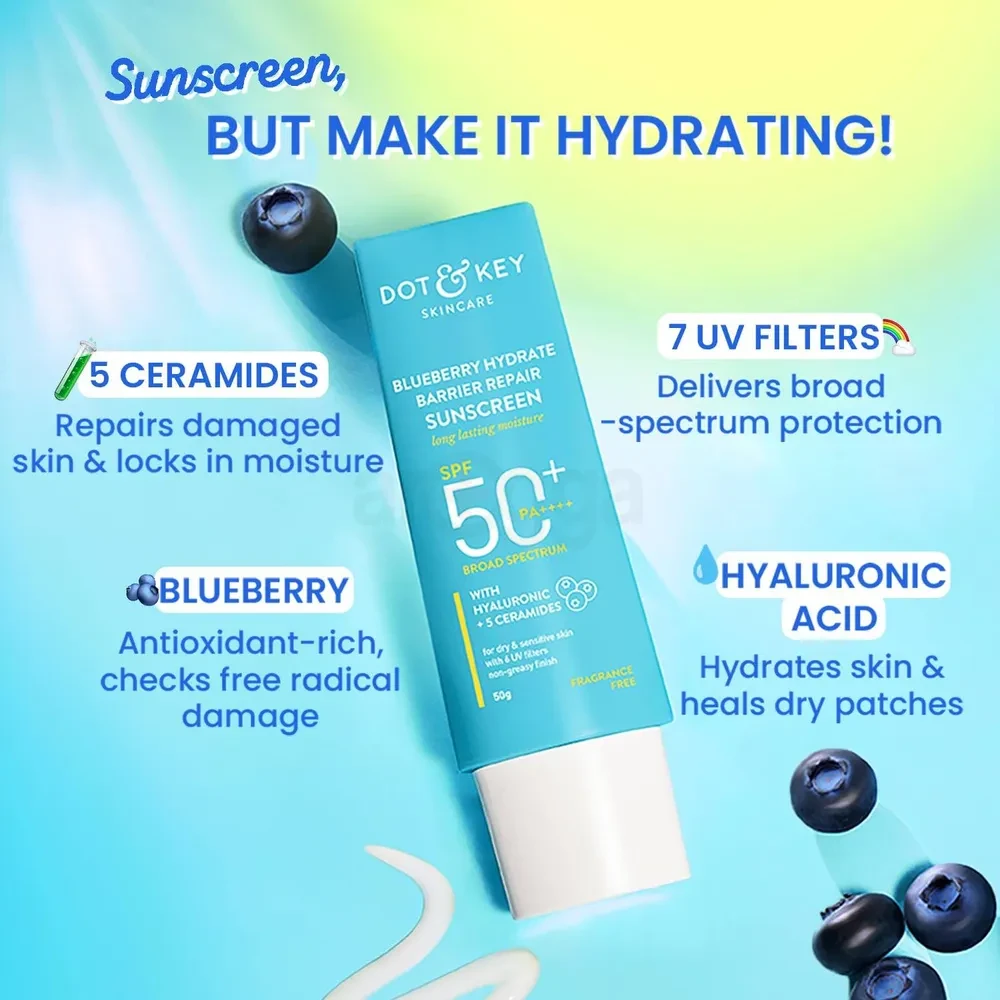 Dot & Key Blueberry Hydrate Barrier Repair Sunscreen 80gm SPF50+ PA++++ | For Dry & Sensitive Skin | Non - Greasy Finish | No White Cast | UV & Blue Light Protection | Broad Spectrum
