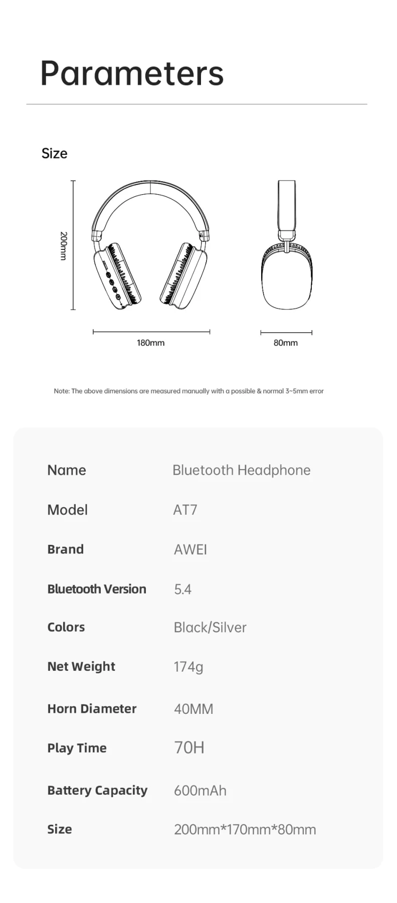 Awei AT7 Bluetooth wireless headphone stereo surround speaker with microphone headset