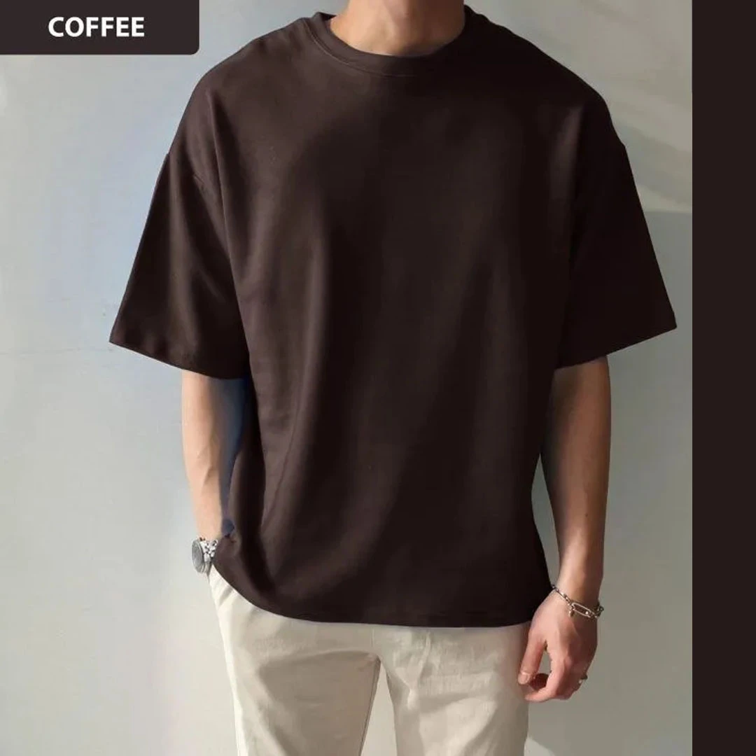 Solid Coffee Cotton Drop Shoulder T-Shirt