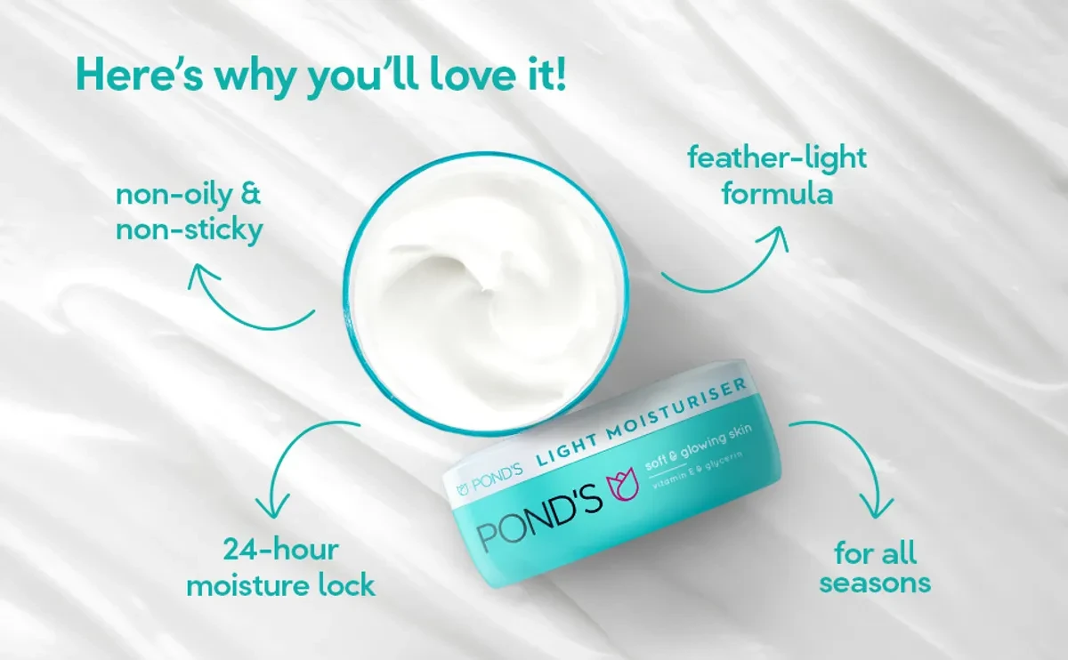 POND'S Light Moisturiser 100ml Non-Oily Fresh Feel For Soft Glowing Skin With Vitamin E & Glycerin