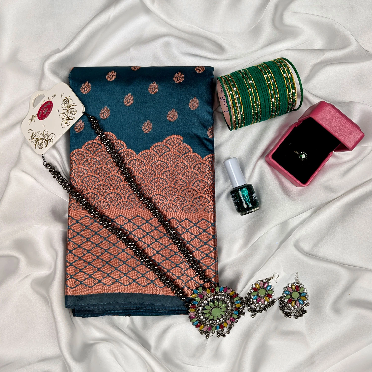 Premium Silk Katan Saree Combo Pack – Ocean Green