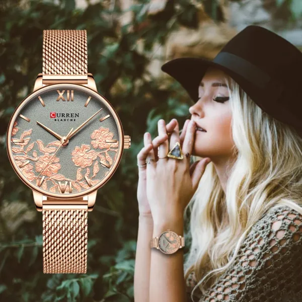 CURREN 9065 Mesh Stainless Steel Quartz Watch for Women – Rose Gold