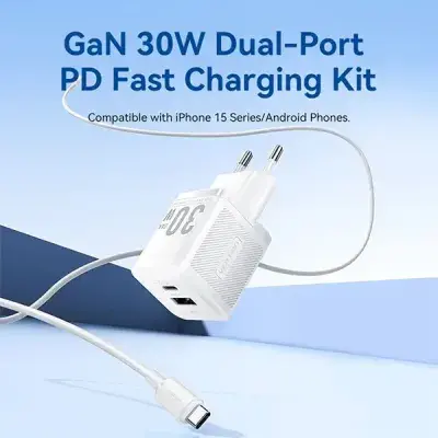 VENTION TZ-FEQW0-US-01 2-Port 30W USB (C+A) GaN Charger with Type-C Cable - US Plug
