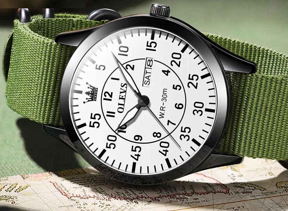 Olevs 9973 Day Date Nylon Strap Men’s Watch - Green White