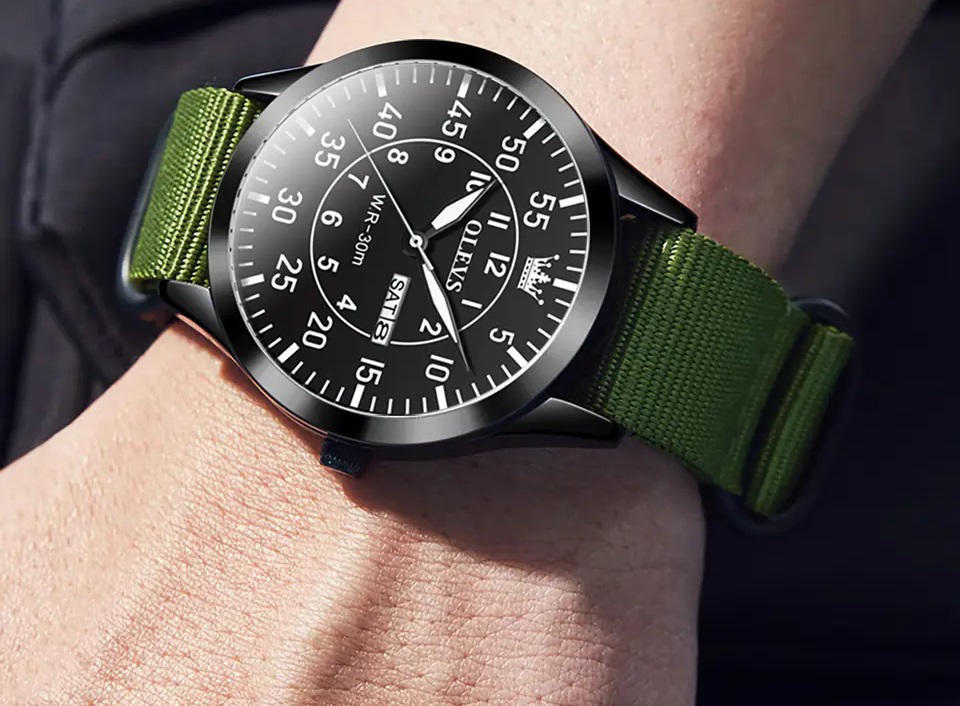Olevs 9973 Day Date Nylon Strap Men’s Watch - Green Black