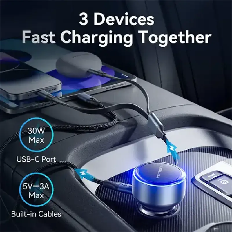 Vention FFOB0 30W 3-Port (USB-C + Lightning) Car Charger with Built-In Retractable Cable