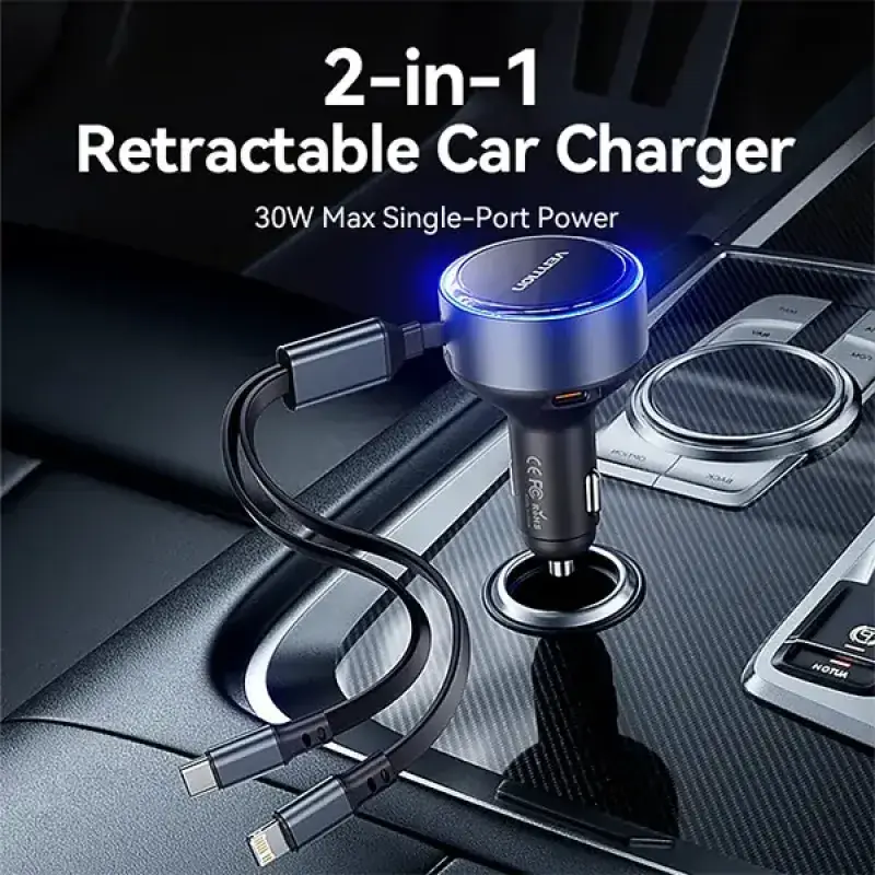 Vention FFOB0 30W 3-Port (USB-C + Lightning) Car Charger with Built-In Retractable Cable