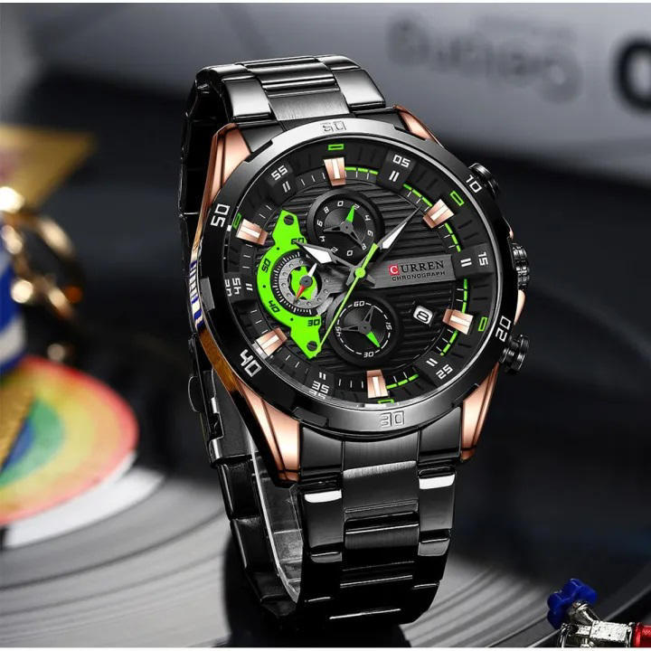 Curren 8402 Stainless Steel Chronograph Watch for Men -Black Green