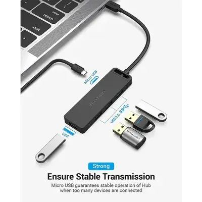 VENTION TGKBD Type-C to 4-Port USB 3.0 Hub with Power Supply - Black