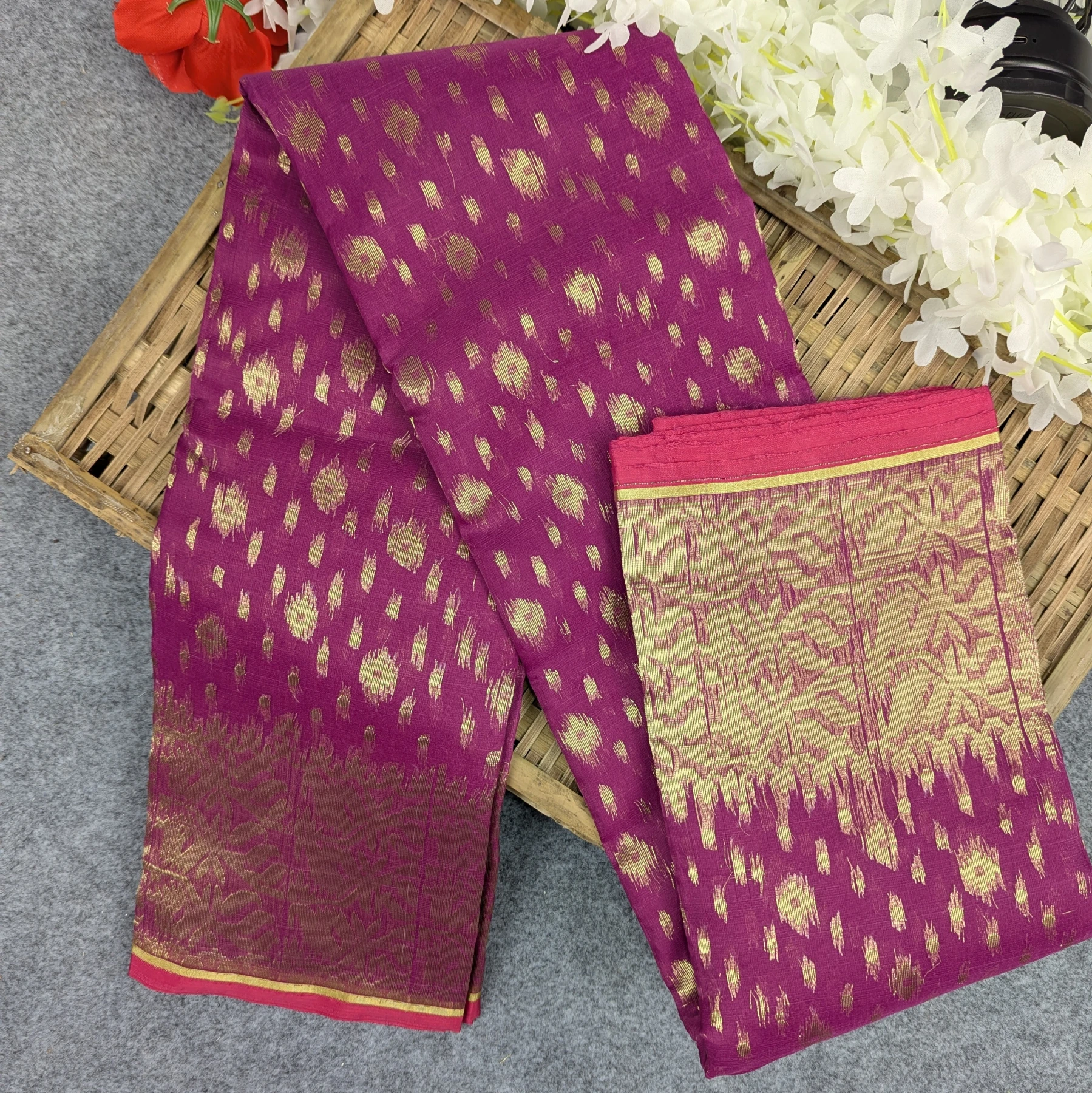 Premium Half Silk Jamdani Saree Combo Set - Purple