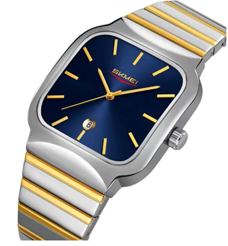 Skmei 9361 Square Quartz Watch for Men- Silver Gold & Blue