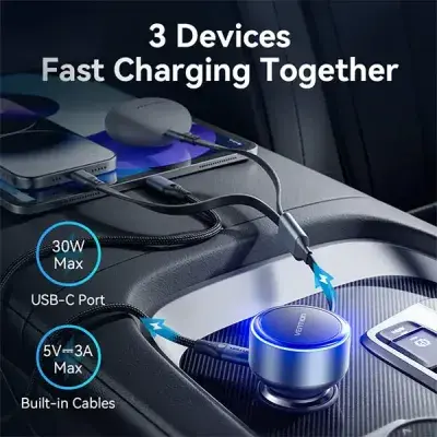 Vention FFOB0 30W 3-Port (USB-C + Lightning) Car Charger with Built-In Retractable Cable