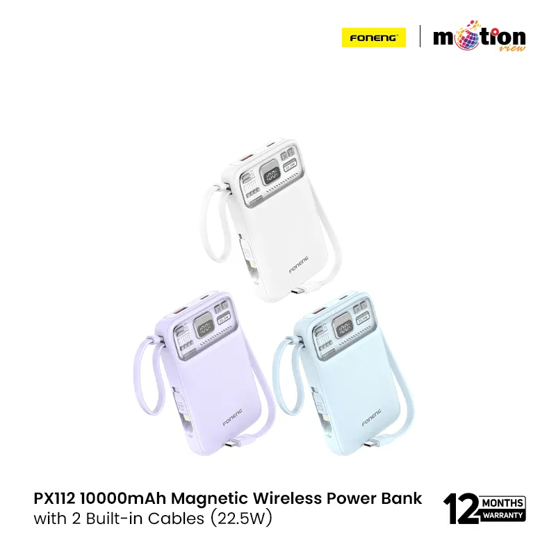 FONENG PX112 10000mAh Mini 22.5W Magnetic Wireless Power Bank with 2 Built-in Cables