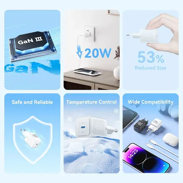 VENTION TZ-FEPB0-US-01 20W 1-Port USB-C GaN Charger with USB-C to USB-C Cable -US Plug