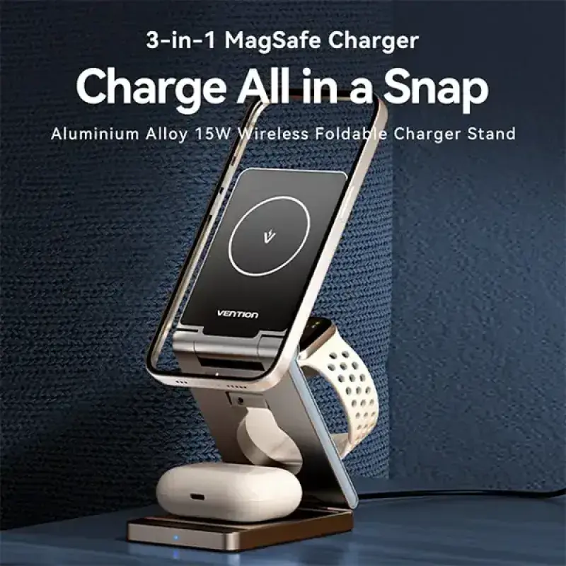 VENTION FGFH0 3‑in‑1 15W MagSafe Charger Stand - Gray